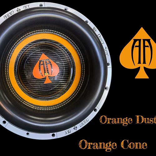 Speaker with orange dust and orange cone text on a black background