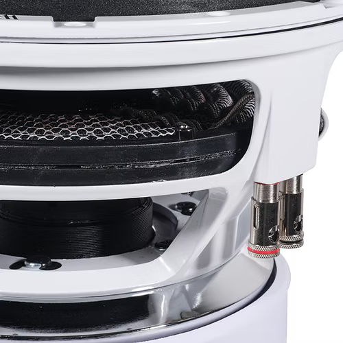 Close-up of a white speaker with black interior and metal connectors on a white background