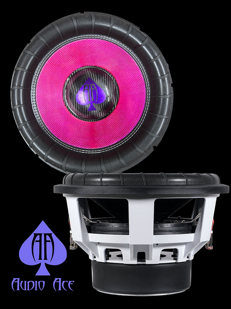 Speaker with pink and black design on a black background, featuring the Audio Ace logo.