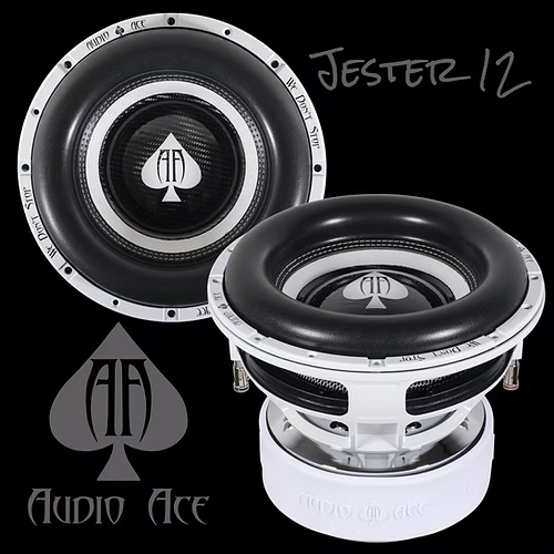Two Audio Ace Jesters speakers with visible branding on a black background