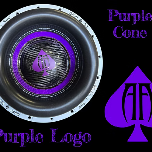 Subwoofer with purple cone and logo on a black background