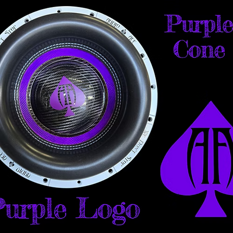 Subwoofer with purple cone and logo on a black background