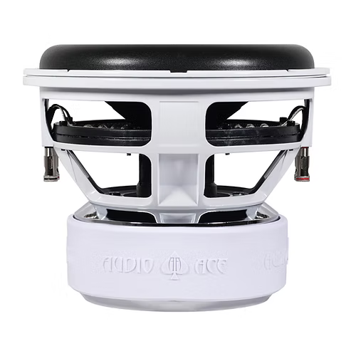 Side view of the Audio Ace jester Subwoofer. Rubber motor boot showing the Audio Ace logo.