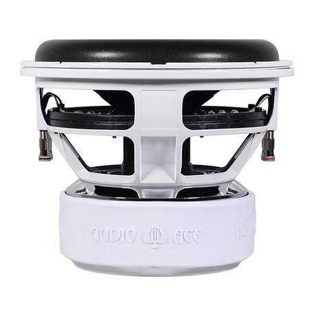 Side view of the Audio Ace jester Subwoofer. Rubber motor boot showing the Audio Ace logo.