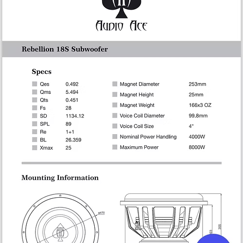 Technical specifications of an Audio Ace Rebellion 18S subwoofer on a white background