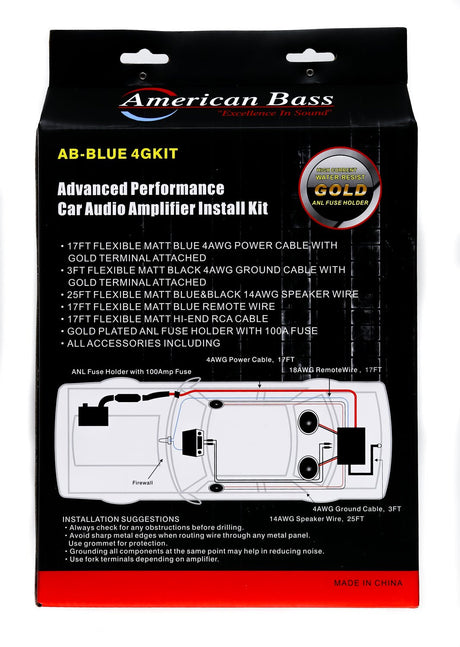An American Bass 4 Gauge Amplifier Kit display, including a box packaging, various cables (power, ground, speaker, RCA, remote), and a gold-plated fuse holder with a 100AMP fuse.