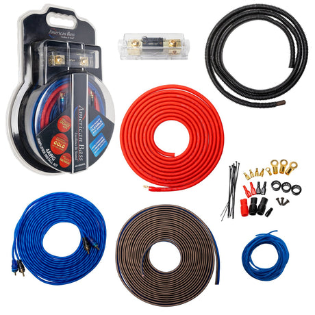 An American Bass 4 Gauge Amplifier Kit display, including a box packaging, various cables (power, ground, speaker, RCA, remote), and a gold-plated fuse holder with a 100AMP fuse.