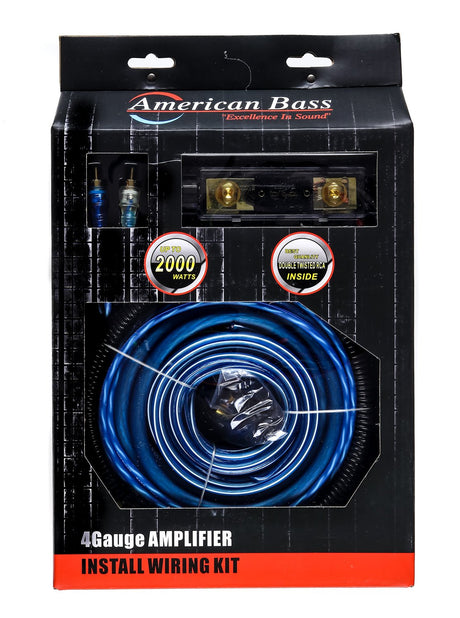 An American Bass 4 Gauge Amplifier Kit display, including a box packaging, various cables (power, ground, speaker, RCA, remote), and a gold-plated fuse holder with a 100AMP fuse.