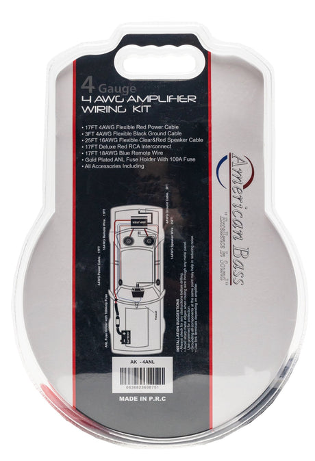 An American Bass 4 Gauge Amplifier Kit display, including a box packaging, various cables (power, ground, speaker, RCA, remote), and a gold-plated fuse holder with a 100AMP fuse.