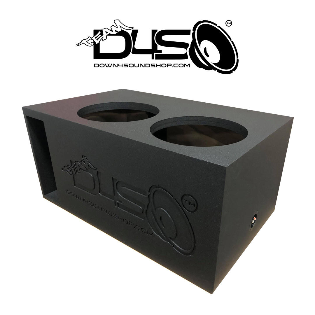 A black Down4sound dual 15-inch ported subwoofer enclosure box with the brand logo on the top front.