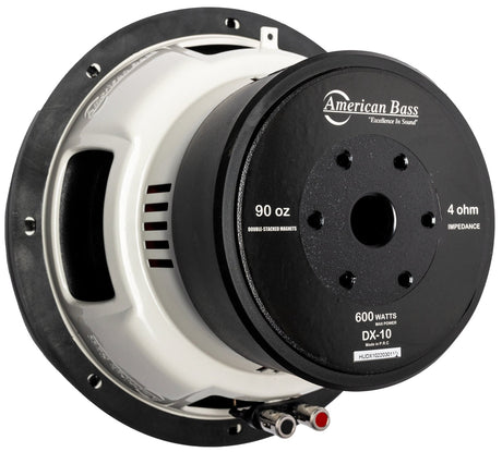 American Bass DX 10' Subwoofer, black with red and gray accents, designed for car audio systems.