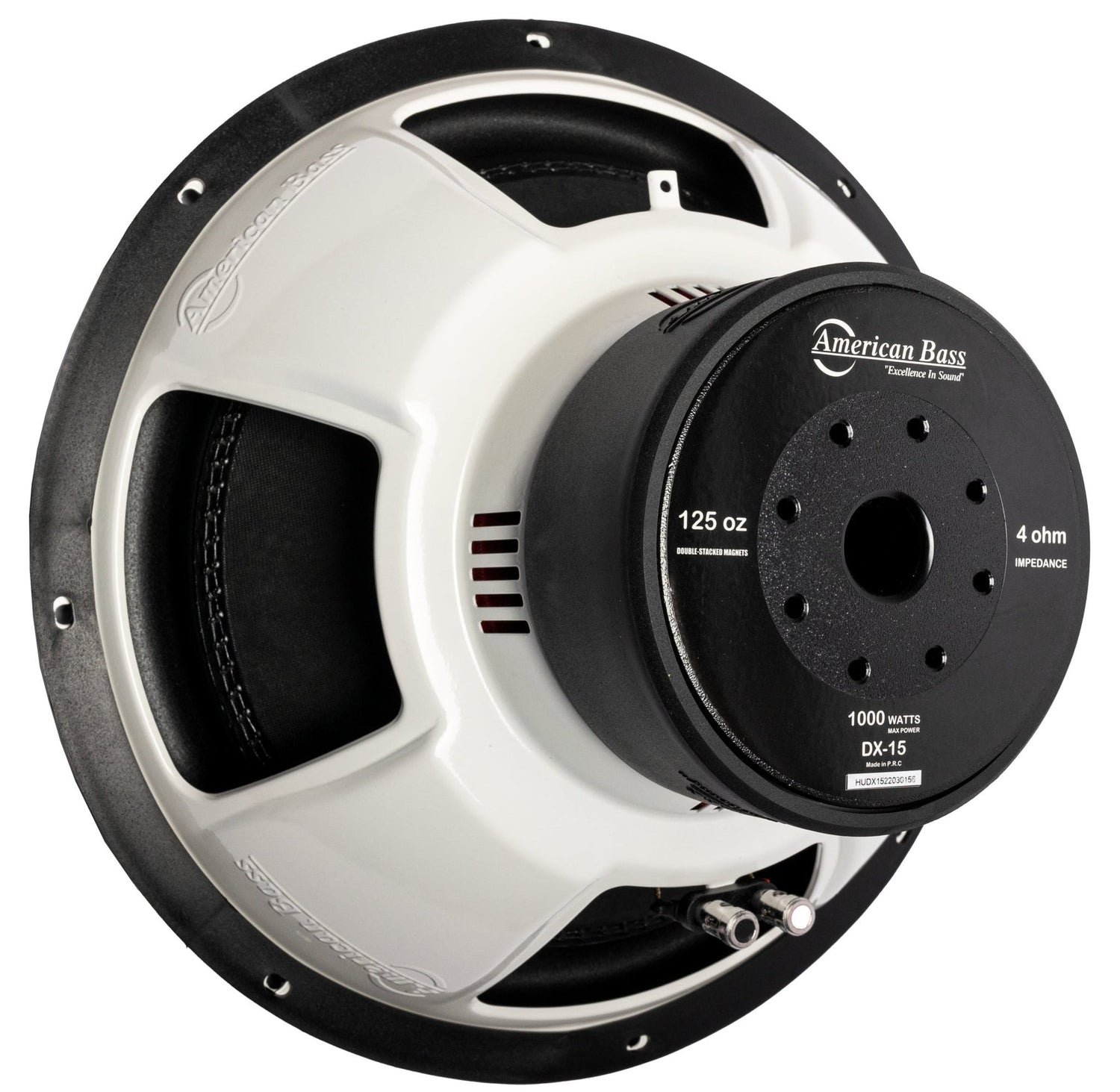 American Bass DX 15" Subwoofer, black with red and white accents, designed for car audio systems.