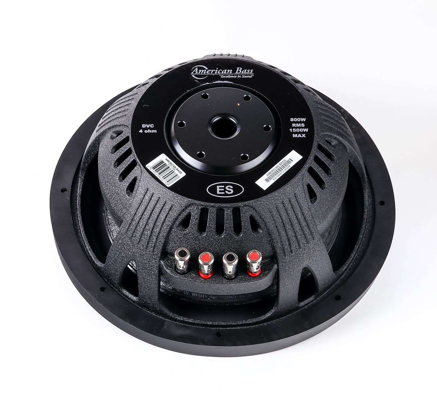 An American Bass ES 12" black subwoofer with a slim design, featuring a front logo and visible pole.