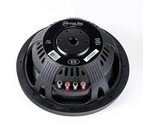 An American Bass ES 12" black subwoofer with a slim design, featuring a front logo and visible pole.