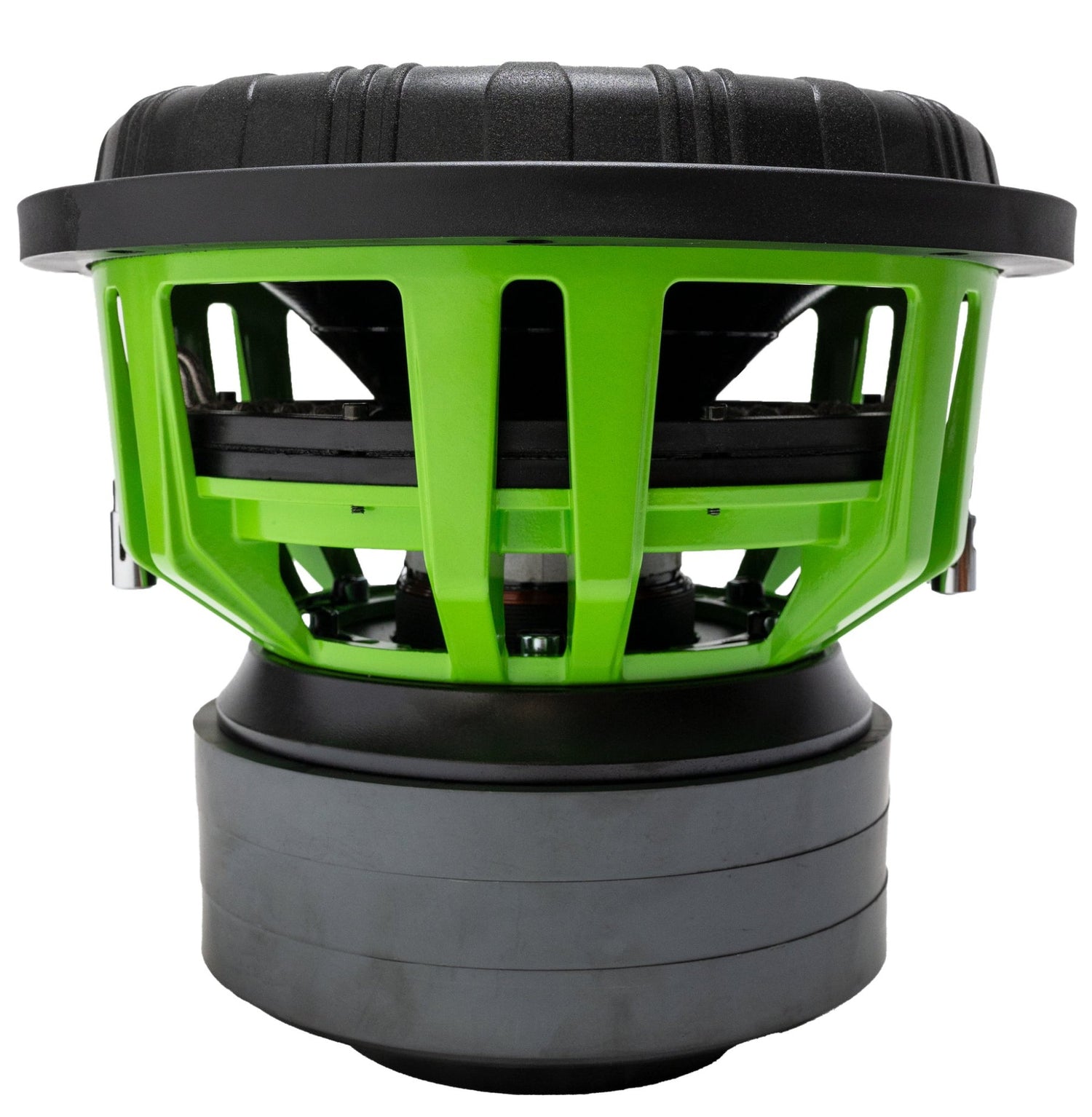 An American Bass Godzilla 12" subwoofer with a black voice coil and a green textured diecast basket.