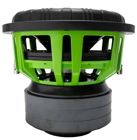 An American Bass Godzilla 12" subwoofer with a black voice coil and a green textured diecast basket.