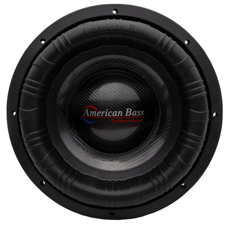 An American Bass Godzilla 12" subwoofer with a black voice coil and a green textured diecast basket.