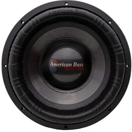 American Bass Godzilla 15" Subwoofer with a green textured diecast basket and a carbon fiber cone.