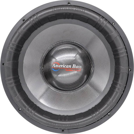 An American Bass Godzilla 18-inch subwoofer with a green textured diecast basket and a carbon fiber cone.
