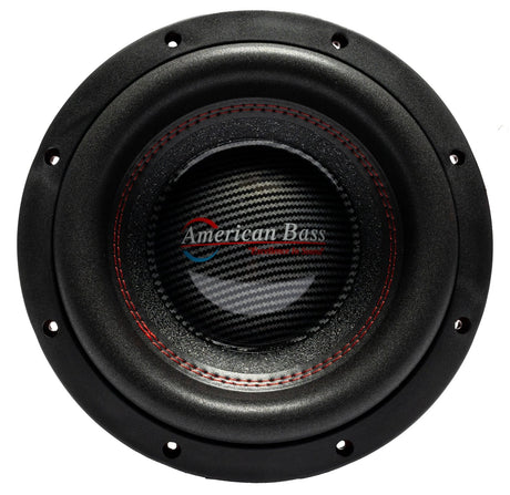 American Bass HAWK 10 inch Competition Subwoofer in black with red stitching, designed for car audio systems.
