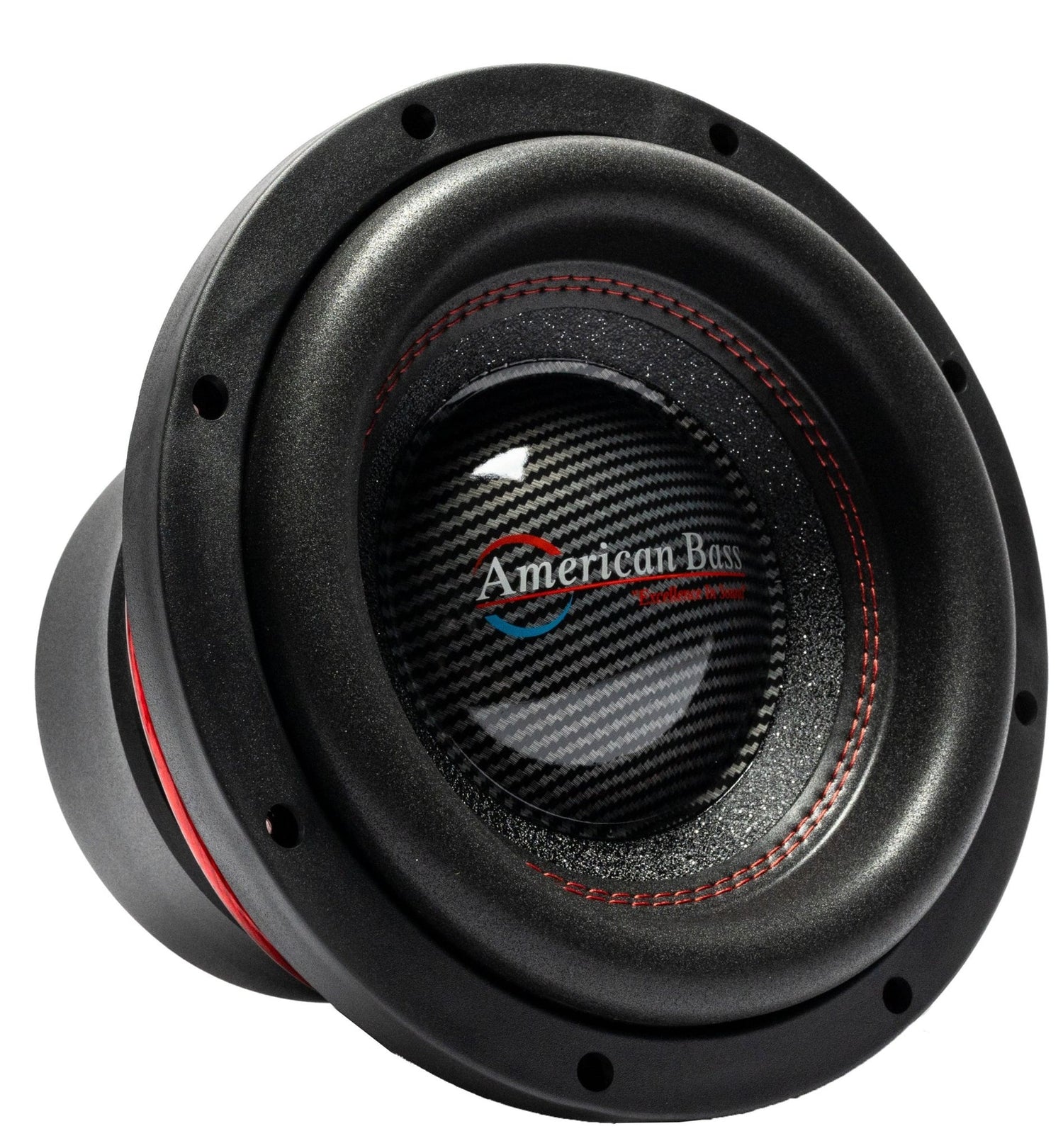 American Bass HAWK 10 inch Competition Subwoofer in black with red stitching, designed for car audio systems.