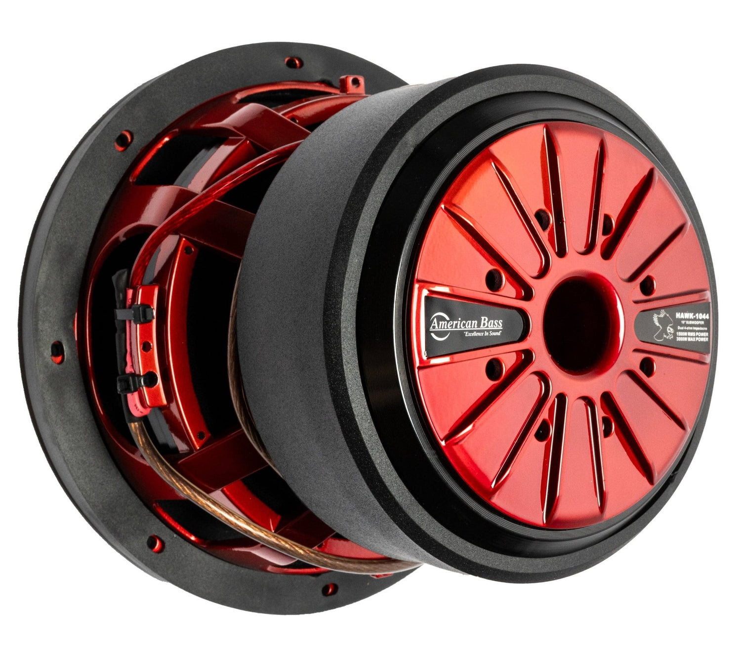 American Bass HAWK 10 inch Competition Subwoofer in black with red stitching, designed for car audio systems.