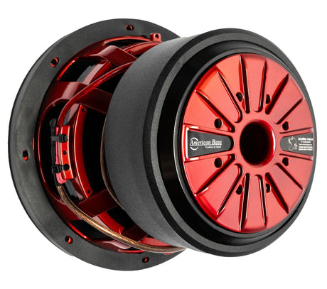 American Bass HAWK 10 inch Competition Subwoofer in black with red stitching, designed for car audio systems.