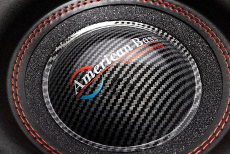 American Bass HAWK 10 inch Competition Subwoofer in black with red stitching, designed for car audio systems.