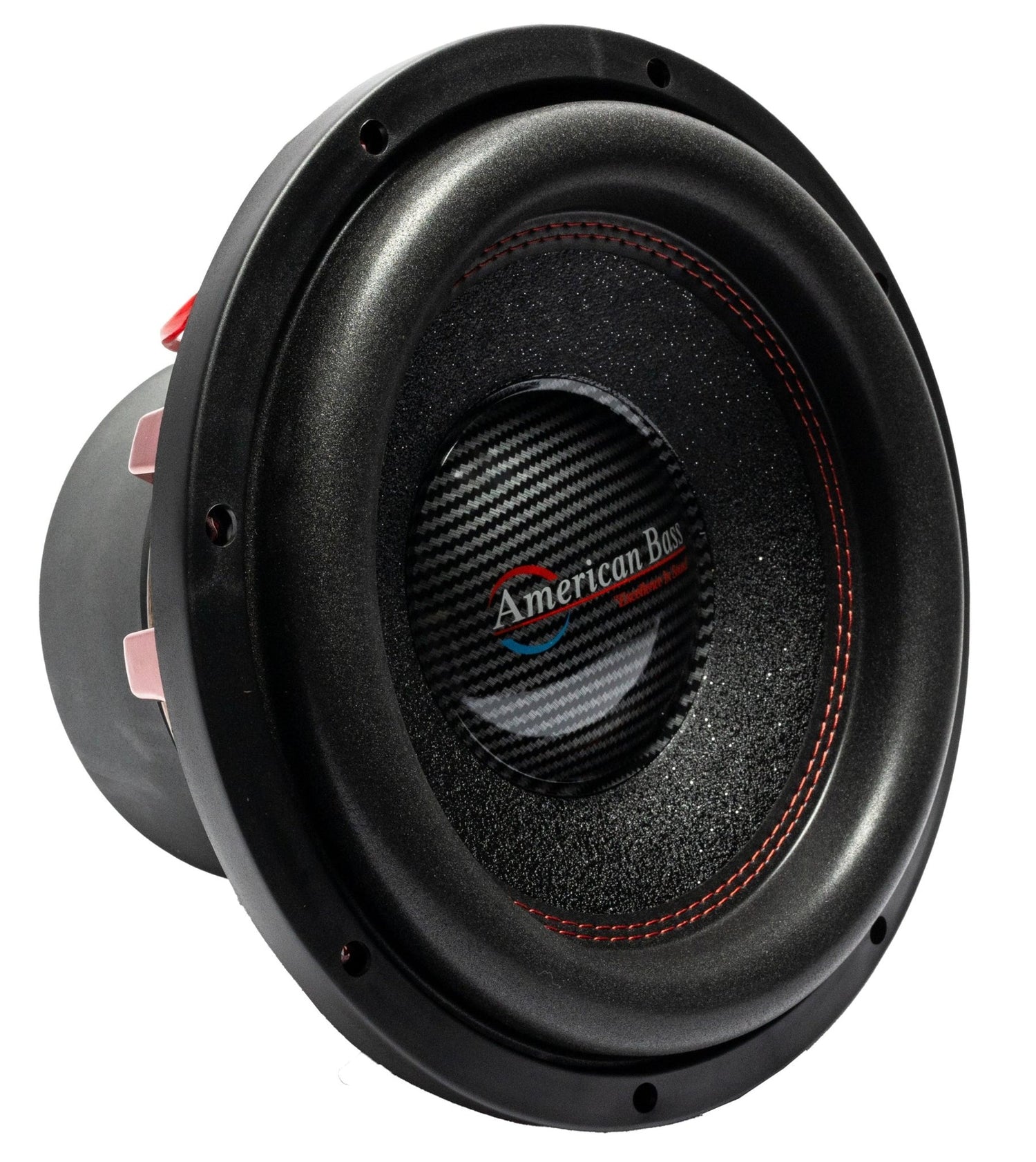 American Bass HAWK 12-inch competition subwoofer in black with red stitching, featuring a visible brand logo and model name.
