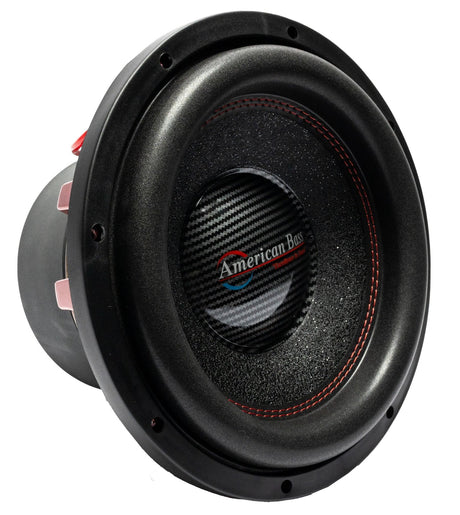 American Bass HAWK 12-inch competition subwoofer in black with red stitching, featuring a visible brand logo and model name.