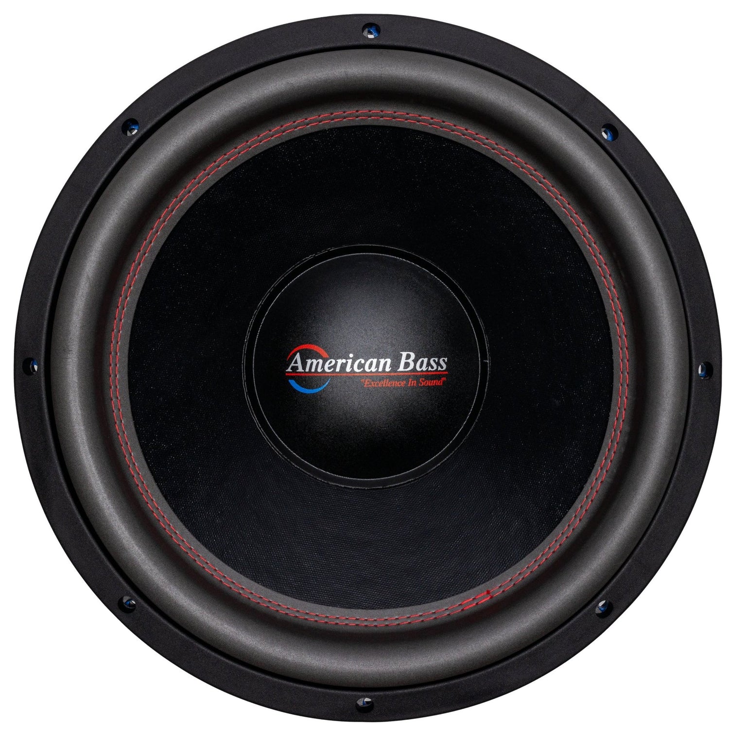 An American Bass HD 15" Subwoofer with a black basket, blue voice coil, and red detailing.