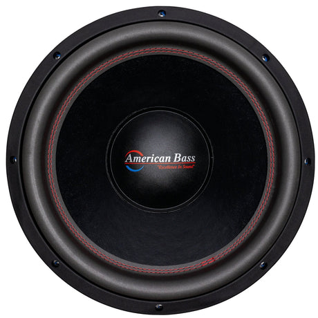 An American Bass HD 15" Subwoofer with a black basket, blue voice coil, and red detailing.