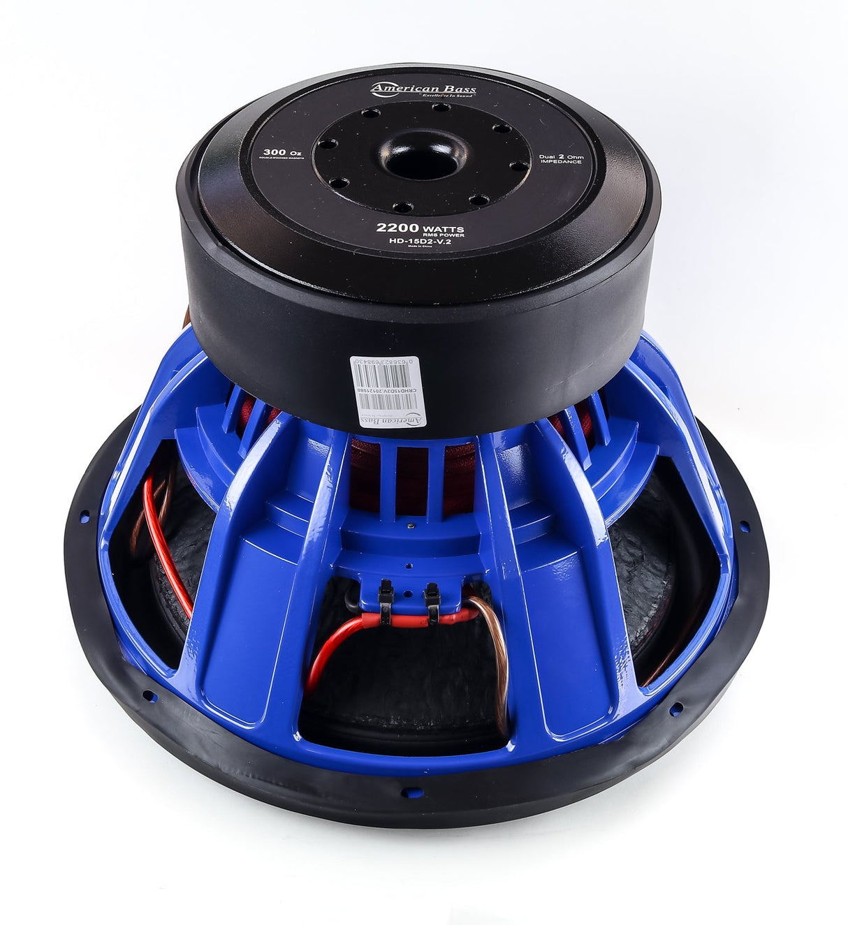 An American Bass HD 15" Subwoofer with a black basket, blue voice coil, and red detailing.