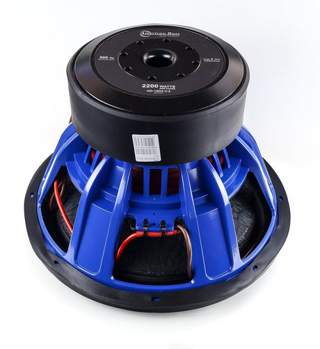 An American Bass HD 15" Subwoofer with a black basket, blue voice coil, and red detailing.