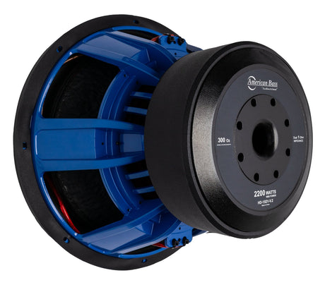 An American Bass HD 15" Subwoofer with a black basket, blue voice coil, and red detailing.