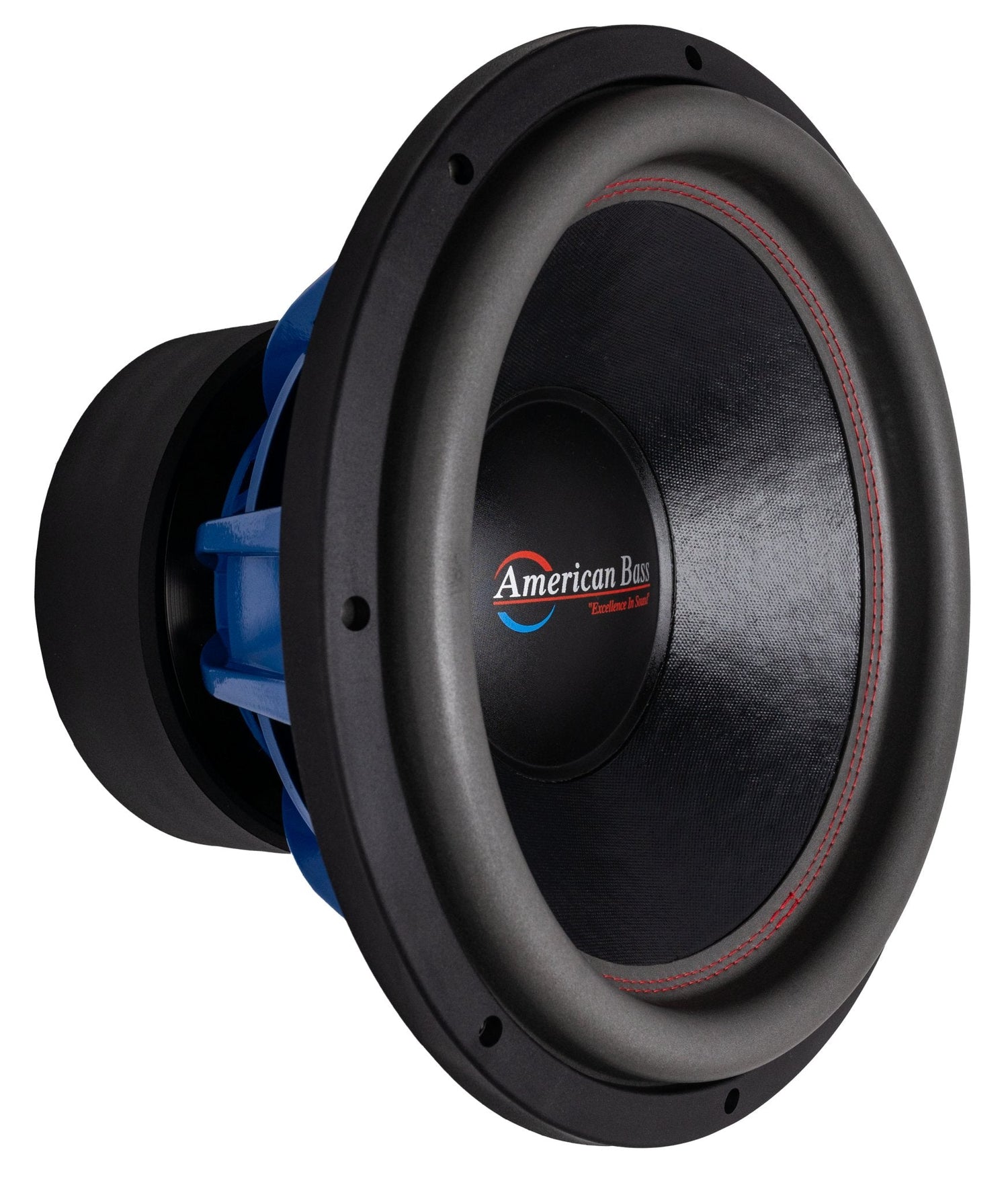 An American Bass HD 15" Subwoofer with a black basket, blue voice coil, and red detailing.