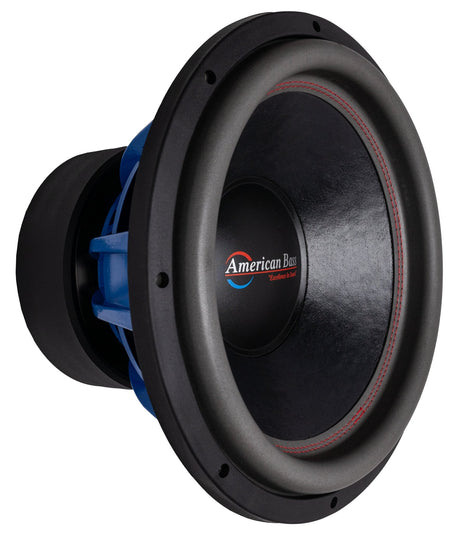 An American Bass HD 15" Subwoofer with a black basket, blue voice coil, and red detailing.