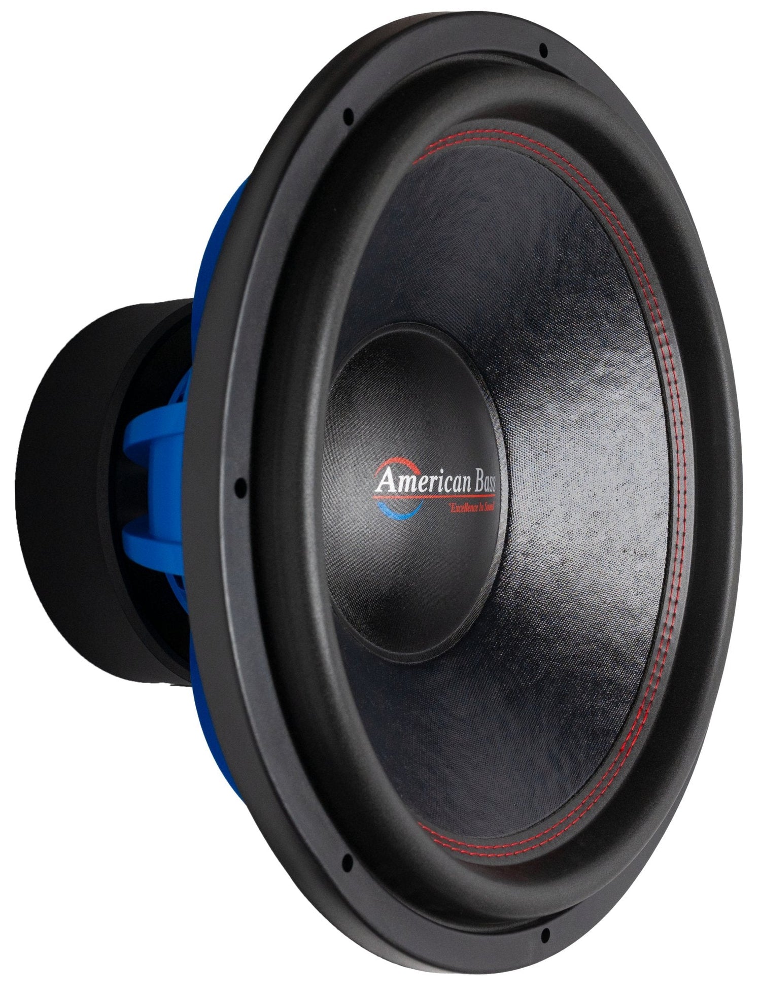 An American Bass HD 18" Subwoofer with a black basket and blue voice coil.