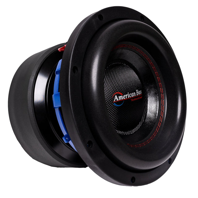 An American Bass HD-VELOCITY 10" Subwoofer with a black basket, blue voice coil, and red detailing.
