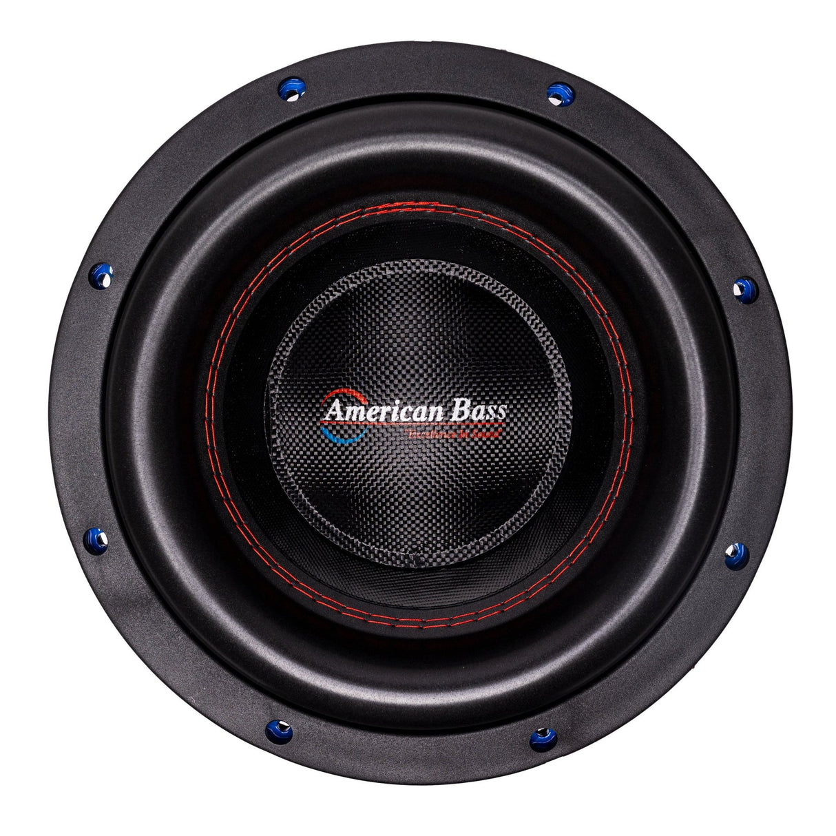 An American Bass HD-VELOCITY 10" Subwoofer with a black basket, blue voice coil, and red detailing.