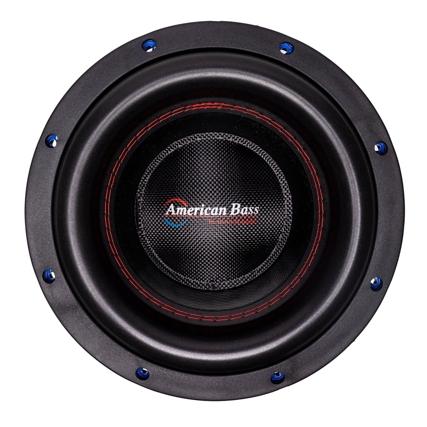 An American Bass HD-VELOCITY 10" Subwoofer with a black basket, blue voice coil, and red detailing.