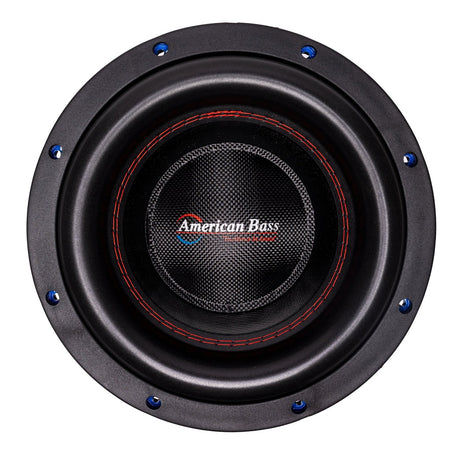 An American Bass HD-VELOCITY 10" Subwoofer with a black basket, blue voice coil, and red detailing.