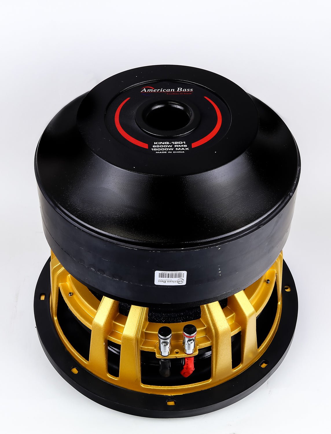 An American Bass King 12" Subwoofer with a black and yellow color scheme, featuring a central dome and a large surrounding cone.