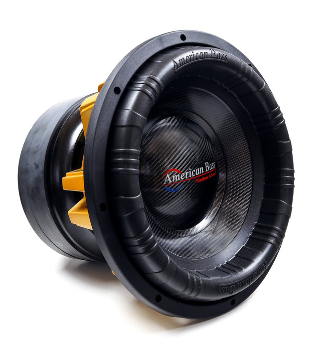 An American Bass King 12" Subwoofer with a black and yellow color scheme, featuring a central dome and a large surrounding cone.