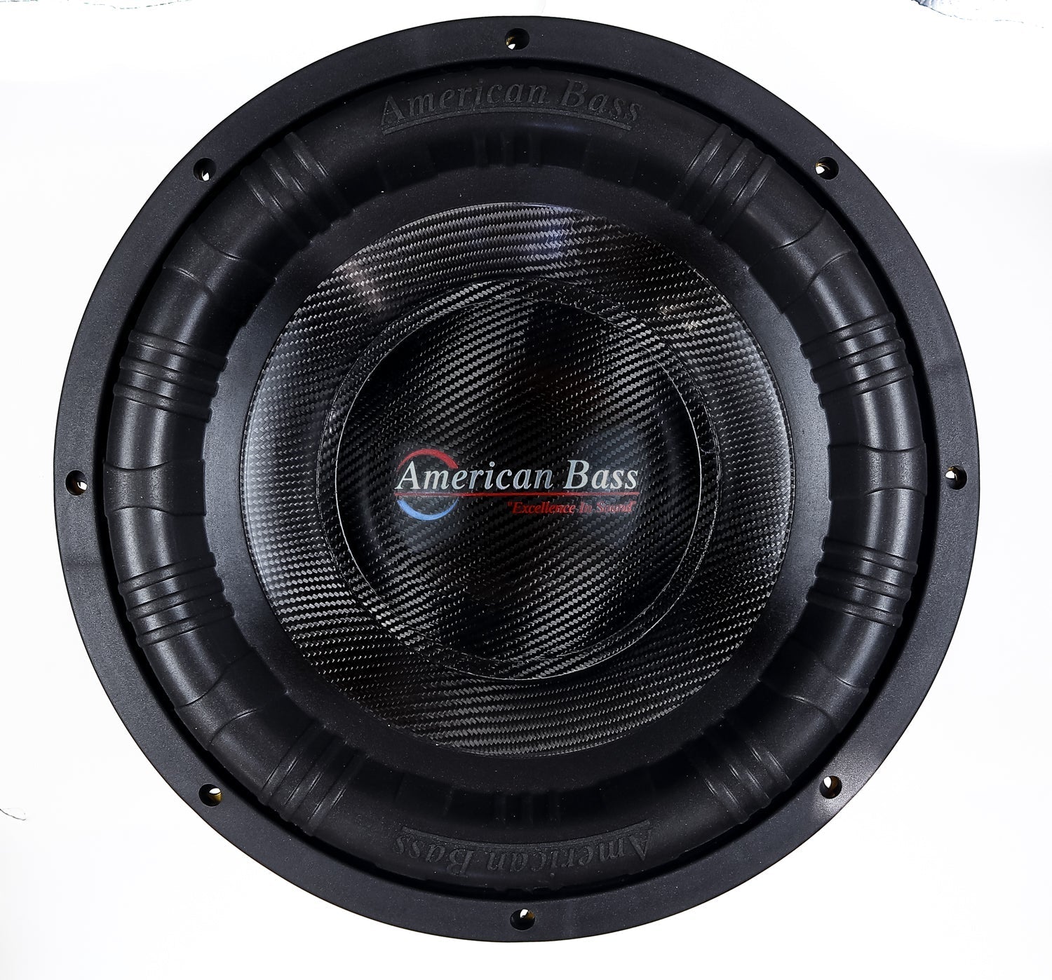 An American Bass King 15 inch subwoofer with a black and yellow voice coil, carbon cone, and a black anodized cooling system.
