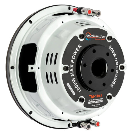 An American Bass Titanium 10" Slim Subwoofer with a black and white color scheme.