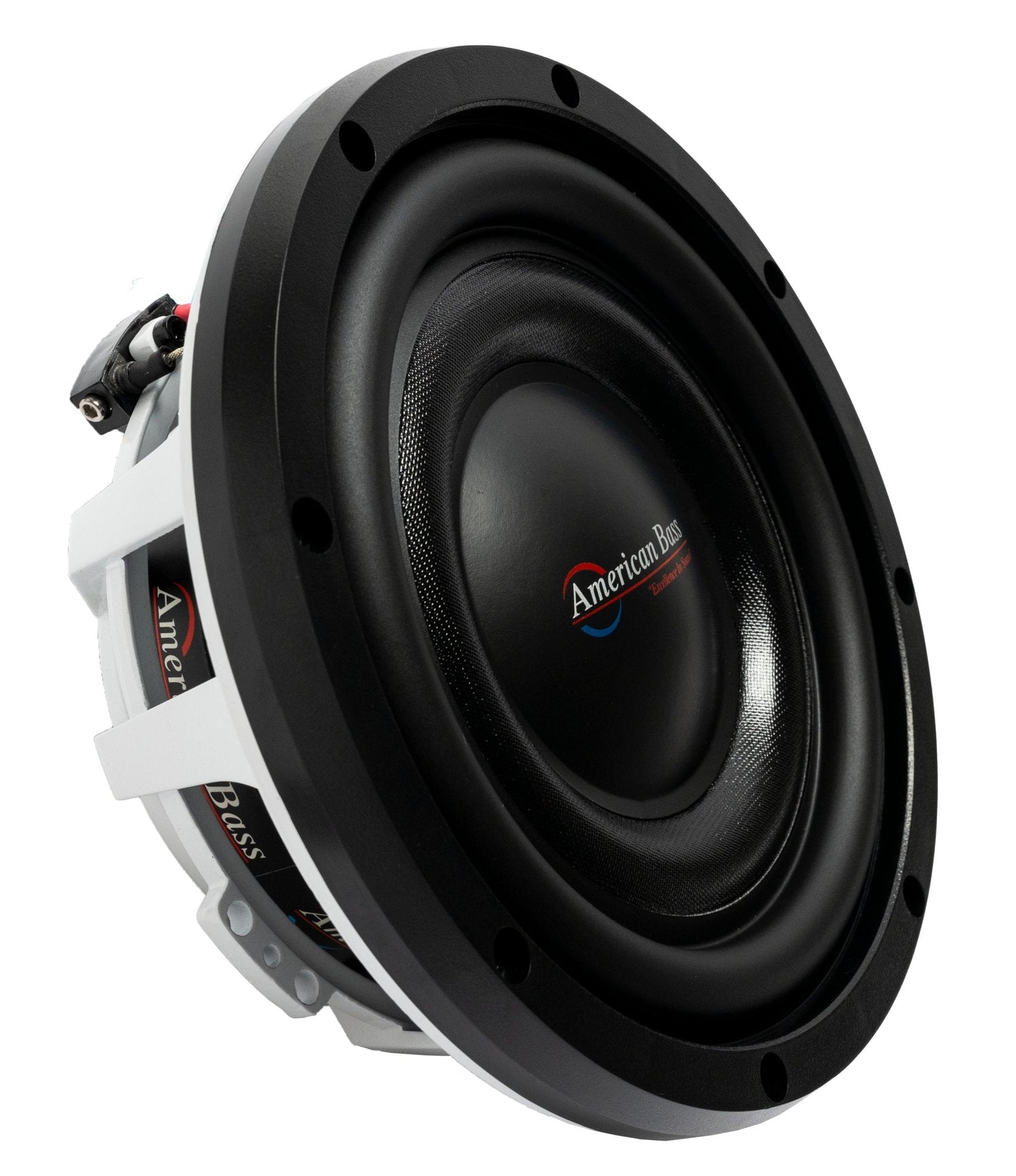 An American Bass Titanium 8" slim subwoofer with a black and white color scheme, designed for compact vehicles.