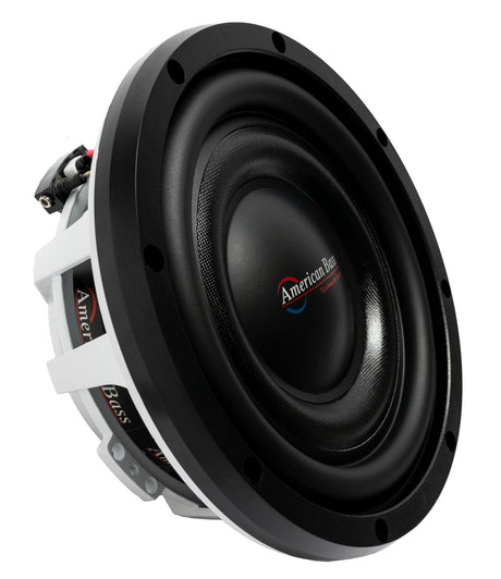 An American Bass Titanium 8" slim subwoofer with a black and white color scheme, designed for compact vehicles.