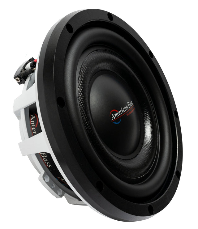 An American Bass Titanium 8" slim subwoofer with a black and white color scheme, designed for compact vehicles.