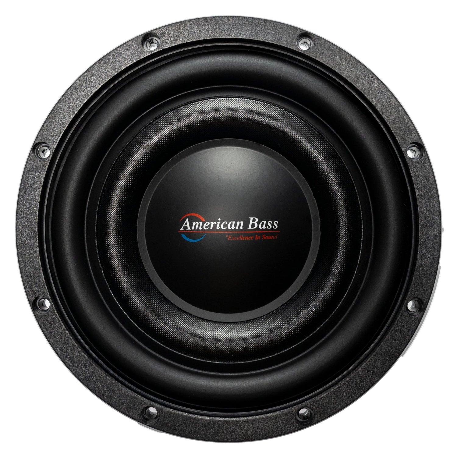 An American Bass Titanium 8" slim subwoofer with a black and white color scheme, designed for compact vehicles.